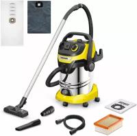 Пылесос Karcher WD 6 P S V-30/6/22/T с розеткой для электроинструмента и функцией выдува, бак 30 л + 1 многоразовый и 5 одноразовых фильтр-мешков