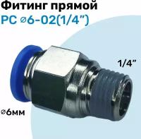 Фитинг прямой пневматический, штуцер цанговый PC 06-02 (1/4