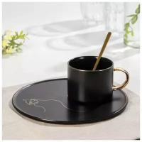 Чайная пара керамическая с ложкой SKYPHOS «Силуэт», 3 предмета: кружка 260 мл, тарелка d=19,6 см, ложка, рисунок микс