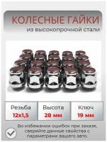 Комплект колесных гаек М12х1,5 (конус, ключ 19 мм, высота 28 мм ) комплект 20 штук, хром