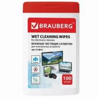 Салфетки для электронных устройств универсальные BRAUBERG, компактная туба 100 шт, влажные, 512810