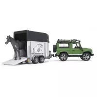 Внедорожник Bruder Land Rover Defender с прицепом-коневозкой и лошадью (02-592) 1:16, 61 см, зеленый/белый/черный
