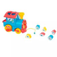 Каталка-игрушка Полесье Паровозик логический Смурфики № 1 (64356), синий/красный/желтый