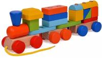 Паровозик деревянный каталка + конструктор, разноцветные блоки разной формы