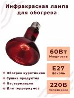 Лампа Инфракрасная икзк 60W E27 230-60 R63, 1 шт / Инфракрасная лампа для курятника цыплят животных