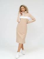 Платье-худи текстильное прямого фасона на осень стиль casual спорт-шик из футера бежевого цвета с длинным рукавом размер 48