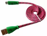 Плоский USB кабель для iPhone с разъемом Lightning (светящиеся разъемы) 1 м, цвет: Розовый