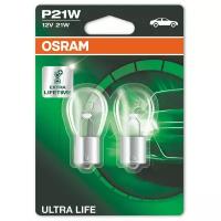 Комплект ламп накаливания блистер 2шт P21W 12V 21W BA15S ULTRA LIFE (в 3 раза увеличен срок службы по сравнению со стандартной лампой), 7506ULT02B OSRAM 7506ULT-02B