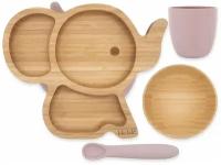 Набор детской посуды для прикорма из бамбука и силикона, присоска для слоника, бамбуковая чаша плюс силиконовая чашка и ложка, розовый