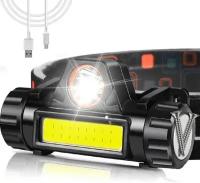Налобный светодиодный фонарь с магнитом, регулировкой угла свечения и COB светильника, cо встроенным аккумулятором и зарядом от USB, 2 режима работы