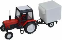 Коллекционная модель Трактор с прицепом МТЗ-82 красно-черный, детская машинка игрушка для мальчиков вращение колес 1:43 размер 16 см