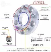 Проставка для дисков 1 шт 45мм: 5*139.7(5*5.5) ЦО (dia): 108мм / с бортиком / крепёж в комплекте Гайки + Шпильки M14 * 1.5 применяемость: УАЗ