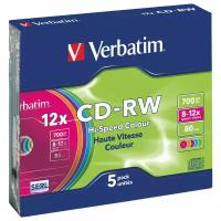 Диск CD-RW VERBATIM 700Mb 12x Slim case (5шт) Color (43167)