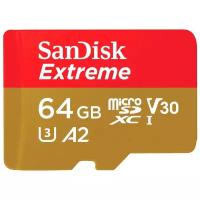 Карта памяти SanDisk Extreme microSDXC Class 10 UHS Class 3 V30 A2 160MB/s + SD adapter 64 GB, чтение: 160 MB/s, запись: 60 MB/s, адаптер на SD