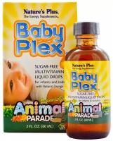 NaturesPlus, Source of Life, Animal Parade, Baby Plex, жидкие мультивитаминные капли без сахара, с натуральным вкусом апельсина, 60 мл