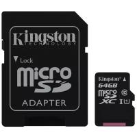 Карта памяти Kingston microSDXC 64 ГБ Class 10, UHS-I, R/W 45/10 МБ/с, адаптер на SD