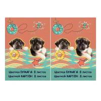 Бумага цветная №1School,8л+8л картон, 8цв,А4, Щенята,офсет,100гр 2 уп