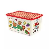 Ящик для игрушек пластиковый 57 литров на колесах герои мультфильма с красной крышкой ТРИ кота обучайка cчитай, 61х40,5х33 см