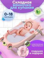 Ванночка Wellinger Kids складная детская с подушкой и электронным термометром, лягушонок (розовая)