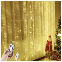 Супер яркая новогодняя/рождественская диодная тёплая белая (жёлтая) гирлянда-занавеска с USB на окно 3*2 м с пультом дистанционного управления