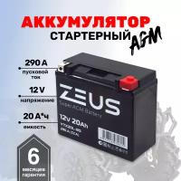 Аккумулятор стартерный гелевый для мотоцикла/квадроцикла/скутера ZEUS SUPER AGM YTX20L-BS (12V/20Ah) (YB18L-A, YTX20HL-BS, YB16L-B)