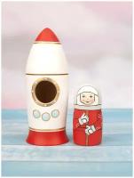 Матрешка деревянная/матрешка детская/развивающие игрушки от 1 года/ручная роспись/подарок ребенку/Ракета с космонавтом, 2 места