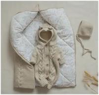 Зимний вязаный детский комплект на выписку, 3 предмета, смесовая пряжа 30% шерсть, MAMINY ZAPISKY, 62 размер (0-3мес), цвет песочный