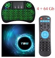 Комплект: Смарт ТВ приставка T95 Android 10 4/64 ГБ Smart TV Box Allwinner H616 Quad-core UHD 4K Media Player + Беспроводная мини клавиатура i8