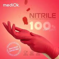 Перчатки нитриловые неопудренные гипоаллергенные, перчатки медицинские защитные красные, размер M, 100 шт, 50 пар, mediOk