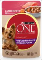 Влажный корм для собак Purina ONE Мини Чувствительное пищеварение для мелких пород с лососем, рисом и морковью в подливе 85 г x 26 шт