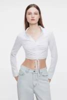 Блузка-рубашка льняная укороченная с драпировкой Befree 2321476331-1-S белый размер S