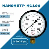 Манометр технический МС100 давление 0-600 кПа (6 бар) резьба BSP1/2 класс точности 1,5 корпус 100 мм. поверка 2 года