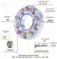 Проставка колёсная 20мм 5*114,3 ЦО 69 Крепёж в комплекте Гайка + Шпилька М12*1,25 ступичная без бортика для дисков на ступицу 5x114,3