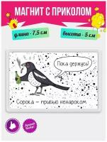 Магнит с приколом на холодильник Сорока -прибью ненароком. Магнитик на доску с рисунком из акрила на подарок