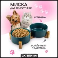 Миска для кошек и собак Solmax, двойная, зеленая