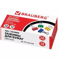 BRAUBERG Зажимы для бумаг, 224469/223969, 15 мм (12 шт.) разноцветный 12 шт