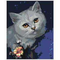 Белый кот с цветком Раскраска картина по номерам на холсте