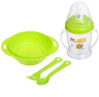 Набор детской посуды, 4 предмета: миска 200 мл, бутылочка для кормления 180 мл, ложка, вилка, цвета микс