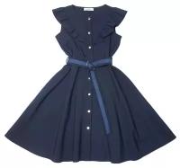 Синее школьное платье с воланом на лифе с планкой 158