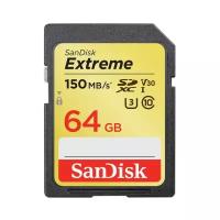 Карта памяти SanDisk SDXC 64 ГБ Extreme Class 10, V30, UHS-I, R/W 150/60 МБ/с