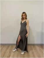 Платье-комбинация NA LUBVI, натуральный шелк, вечерний, бельевой стиль, полуприлегающее, макси, открытая спина, размер 40, серый