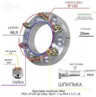 Проставка колёсная 20мм 6*120 ЦО 66,9 Крепёж в комплекте Гайка + Шпилька М14*1,5 ступичная с бортиком для дисков на ступицу 6x120 6х120