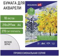 Бумага для акварели BRAUBERG Осенняя аллея 29.7 х 21 см (A4), 270 г/м², 10 л. белый A4 29.7 см 21 см 270 г/м²