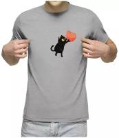 Мужская футболка «Черный кот несет сердце» (2XL, синий)