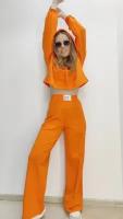 Спортивный костюм женский летний с брюками, цвет оранжевый, размер 42