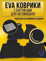 Коврики автомобильные Ева с бортиками в салон CHERY KIMO A1 2007-, Чери Кимо, черные соты, синяя окантовка