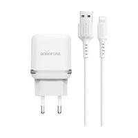 Сетевое зарядное устройство Borofone BA25A Outstanding + кабель Lightning, white