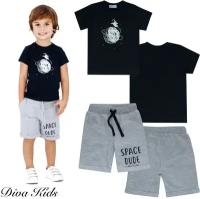 Комплект одежды Diva Kids: футболка и шорты, 134 размер с принтом, серый меланж, темно синий, с карманами, коллекция Космос