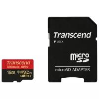 Карта памяти Transcend TS*USDHC10U1 16 GB, чтение: 90 MB/s, запись: 45 MB/s, адаптер на SD