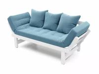 Садовый диван Soft Element Эльф-С, синий-белый, деревянный, раскладные подлокотники, с подушками, рогожка, на террасу, на веранду, для дачи, для бани